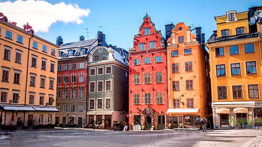 Traditionally coloured buildings in Stockholm, Sweden